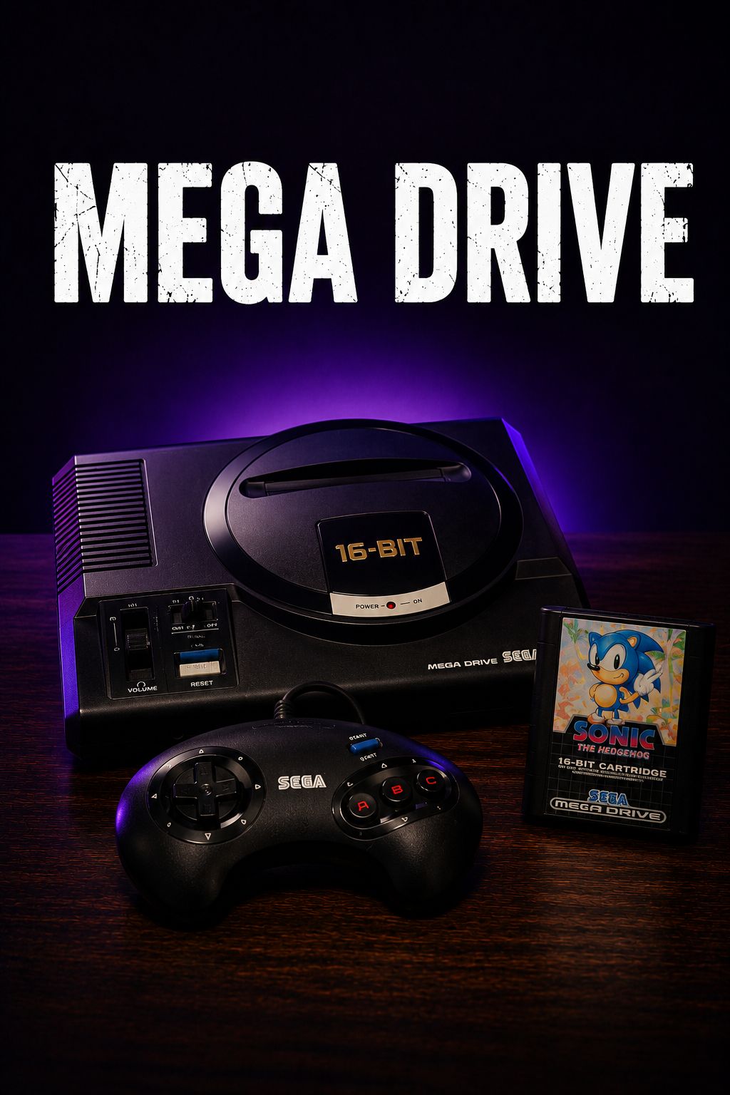 Sega Mega Drive 16-bit console with Sonic the Hedgehog cartridge and controller