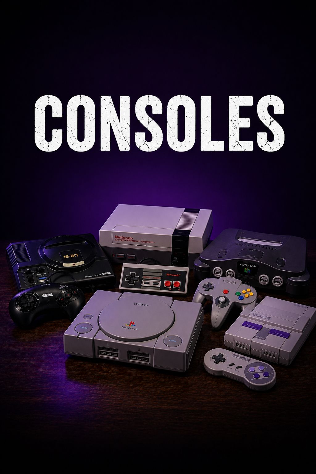 Retro gaming consoles collection including Mega Drive, NES, PlayStation, N64 and SNES