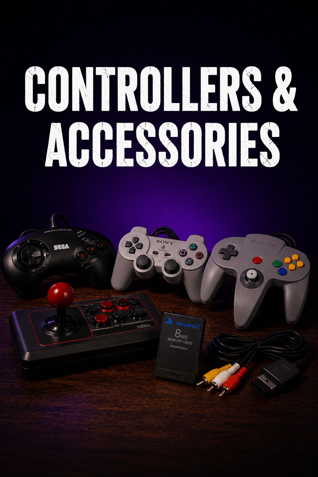Retro gaming controllers and accessories including Sega, Sony PlayStation and Nintendo 64 controllers